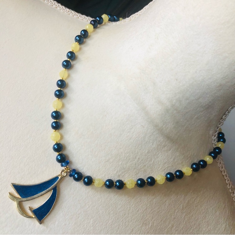 Handcrafted repurpose royal blue nautical sailboat Czech glass Pearl necklace
